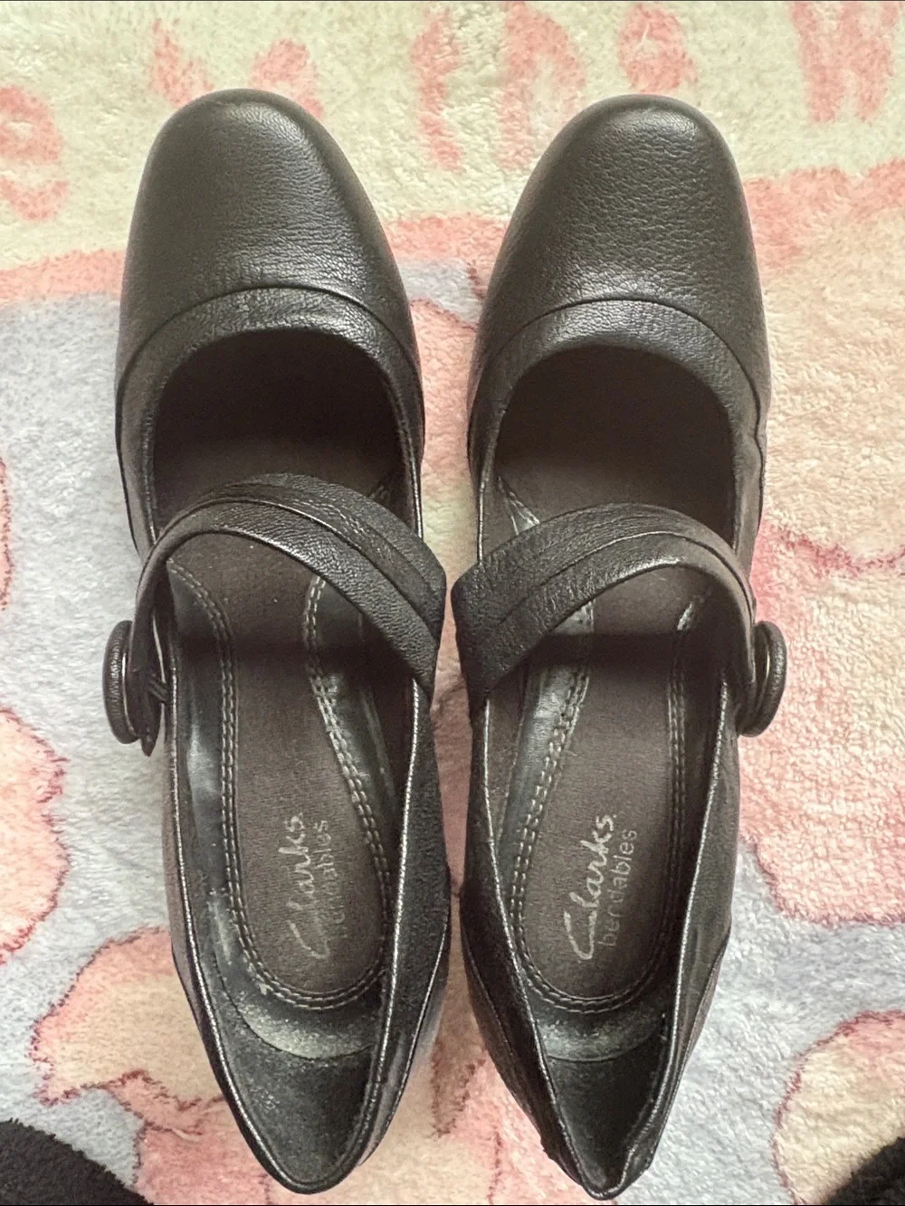 Clarks Black Leather Mary Jane Heels with Buckle Strap